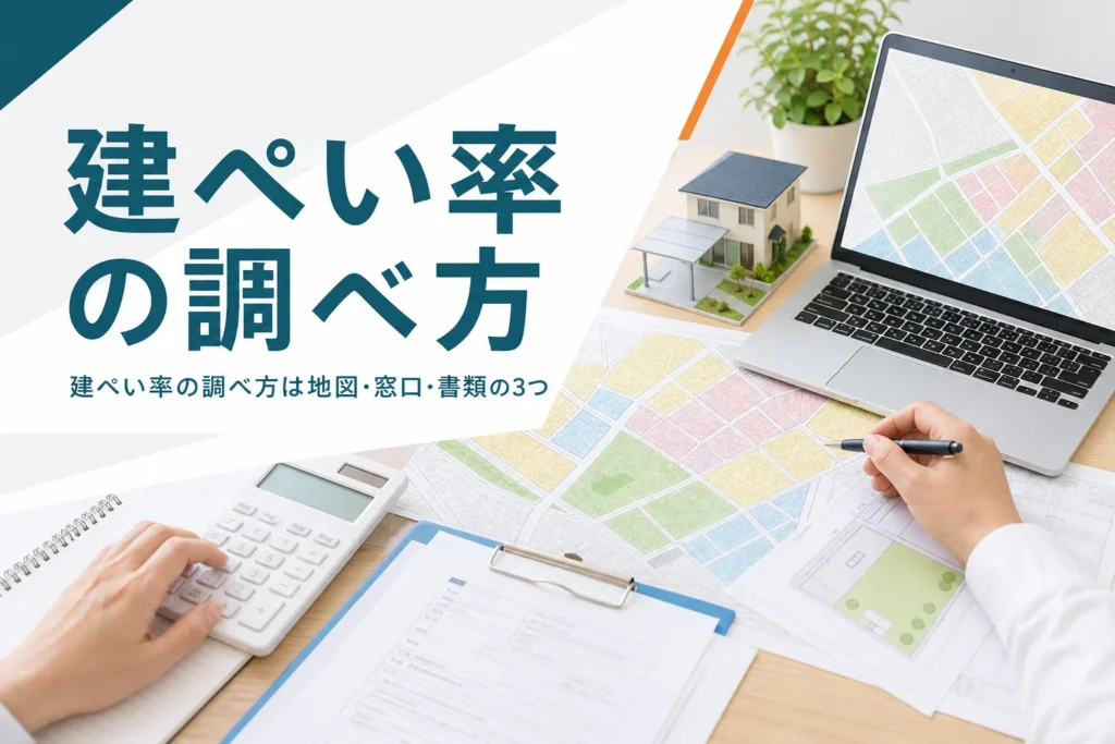 建ぺい率の調べ方を紹介する記事のアイキャッチ。都市計画図と書類、パソコンが並んだ机