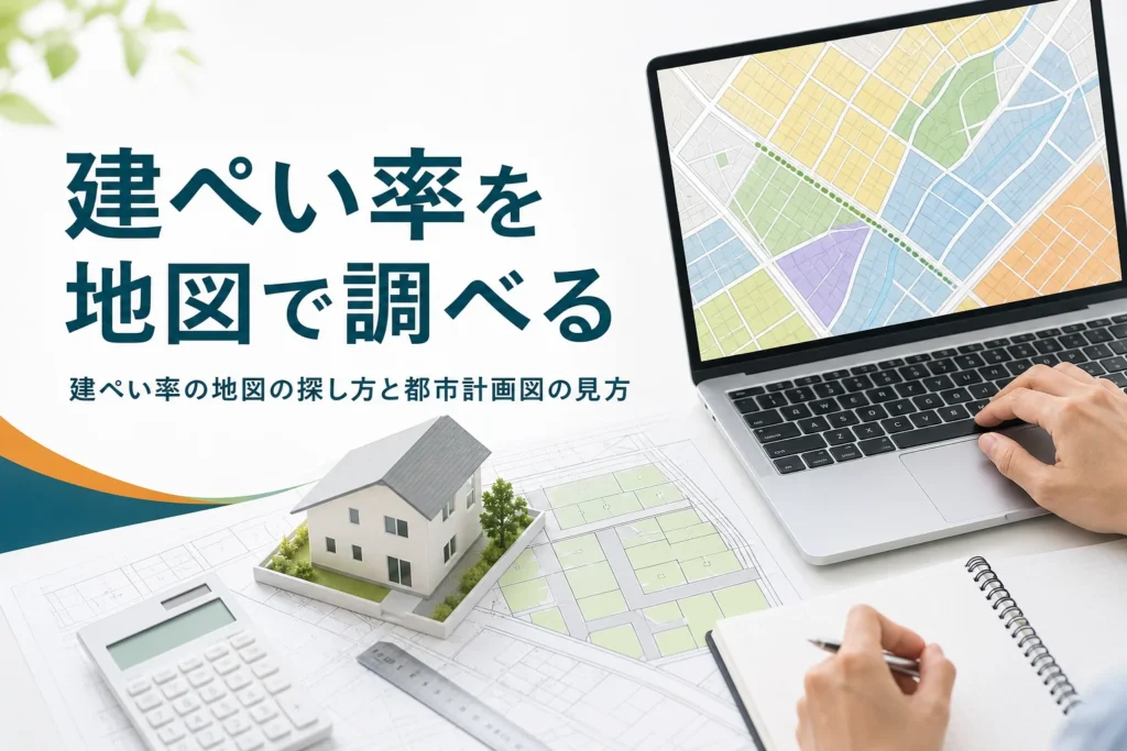 建ぺい率をネットの地図で調べる方法を紹介する記事のアイキャッチ。パソコンに映る色分けされた地図と敷地図