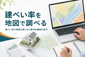 建ぺい率をネットの地図で調べる方法を紹介する記事のアイキャッチ。パソコンに映る色分けされた地図と敷地図