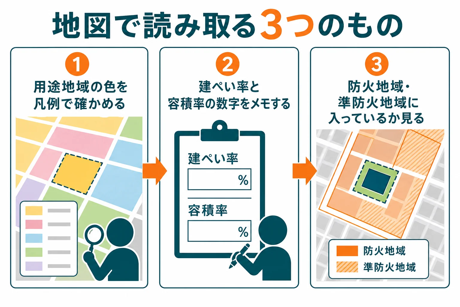 都市計画のWeb地図で、用途地域の色、建ぺい率と容積率の数字、防火地域と準防火地域の3つを順に読み取る手順の図解