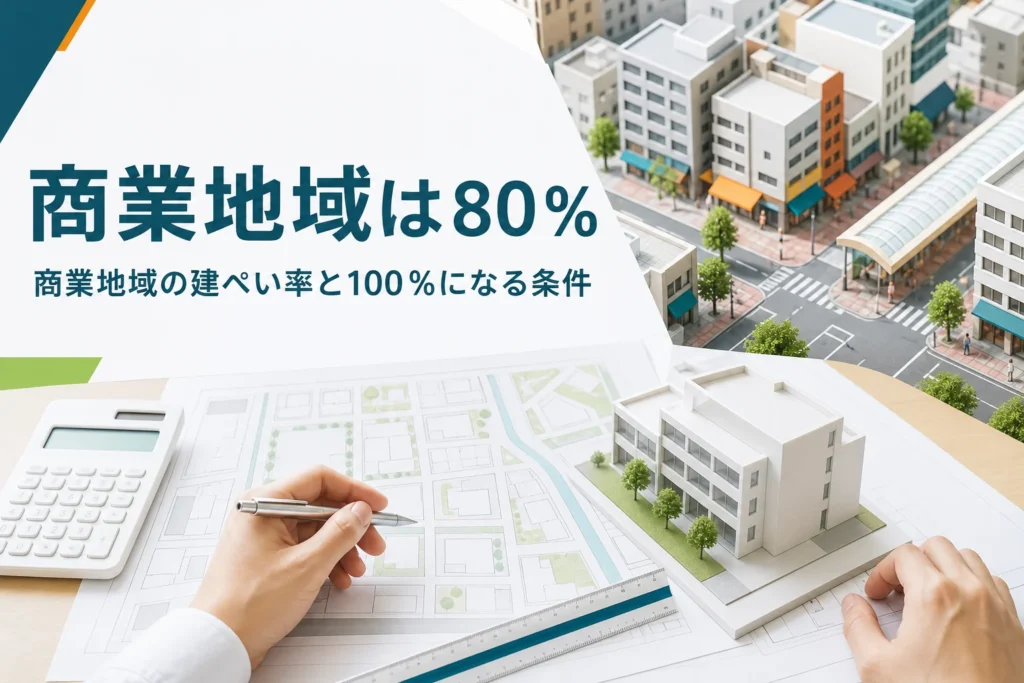 商業地域の建ぺい率を紹介する記事のアイキャッチ。ビルが並ぶ街並みと図面と建物の模型