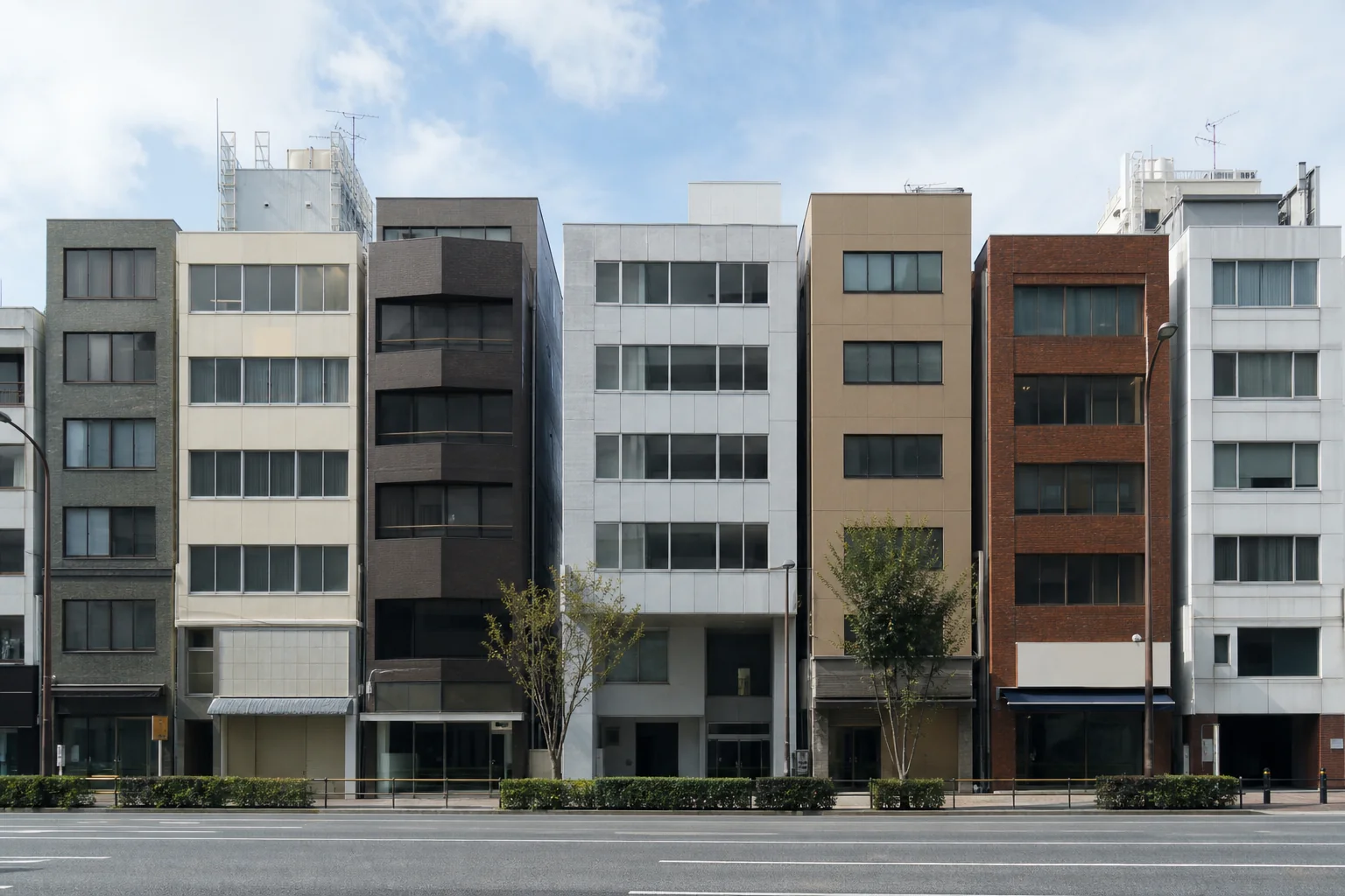 商業系の地域で、敷地いっぱいに近く建物が並ぶ大通り沿いの街並みの写真