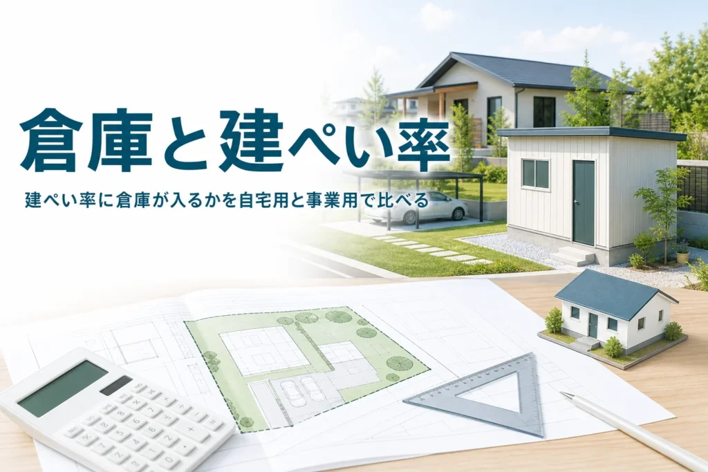 倉庫が建ぺい率に入るかを紹介する記事のアイキャッチ。敷地の倉庫と敷地図