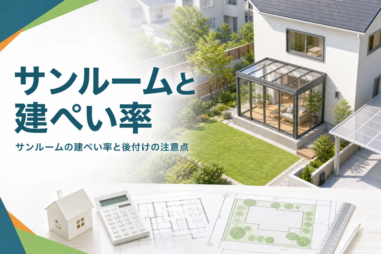 サンルームやガーデンルームが建ぺい率に入るかを紹介する記事のアイキャッチ。ガラス張りのサンルームが付いた家