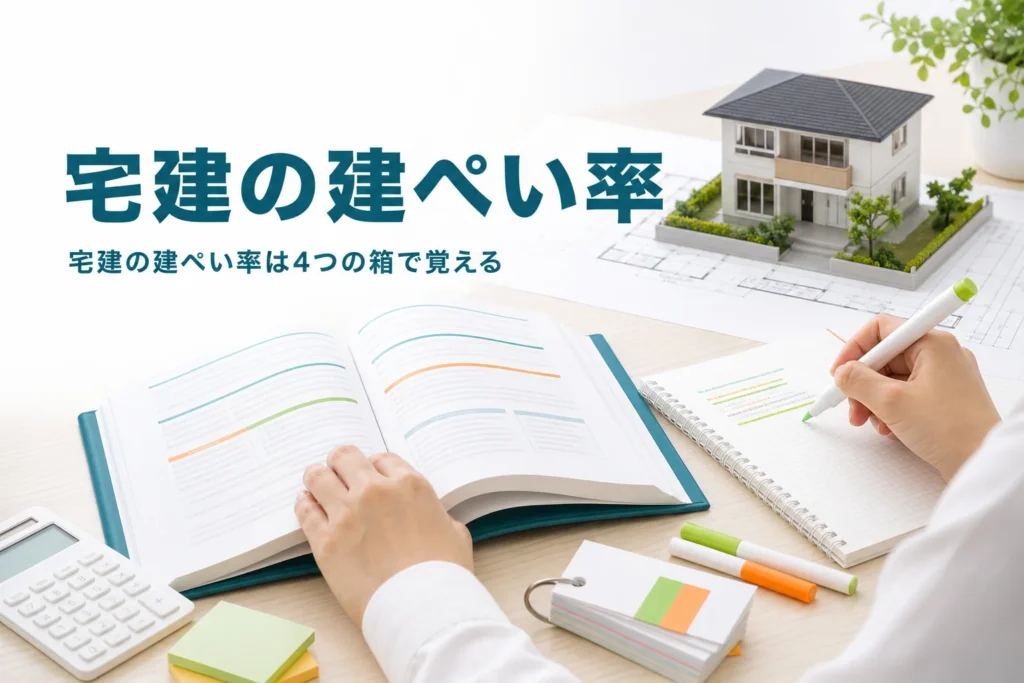 宅建試験の建ぺい率の出題ポイントと覚え方を紹介する記事のアイキャッチ。参考書と暗記カードを広げた机