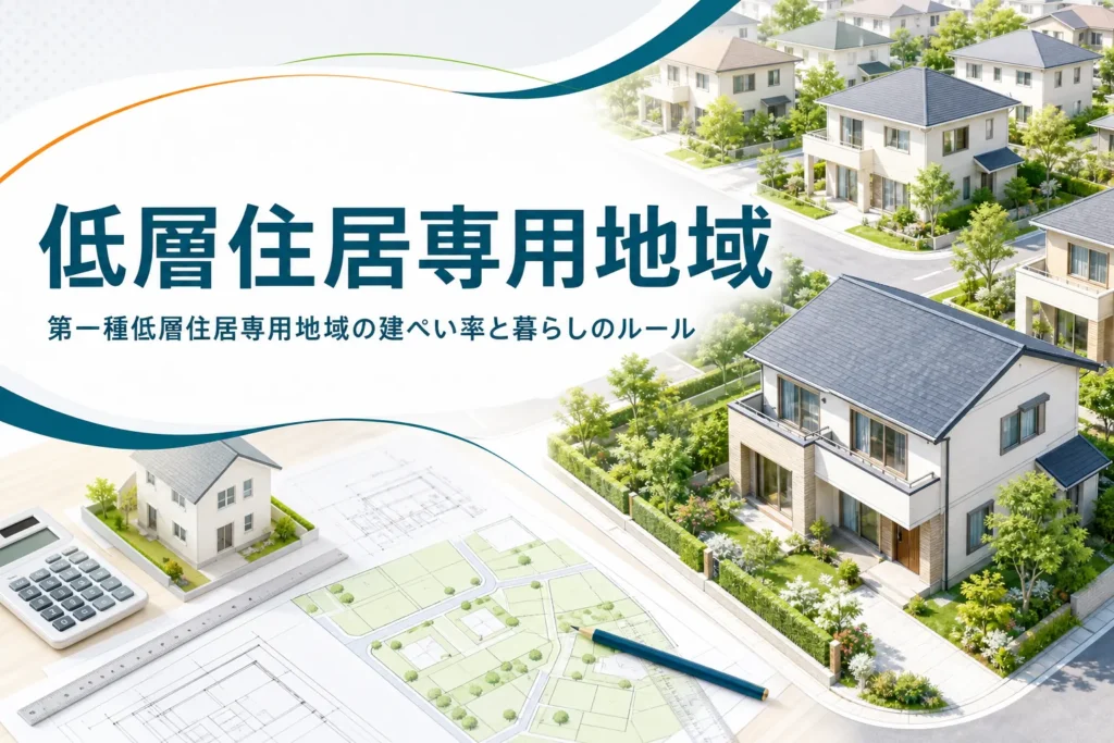 第一種・第二種低層住居専用地域の建ぺい率を紹介する記事のアイキャッチ。低い家が並ぶ静かな住宅街