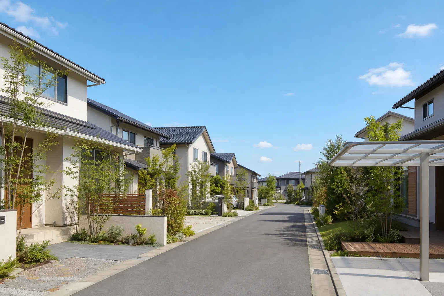 低層住居専用地域の、庭のある2階建ての家が並ぶ住宅街の写真