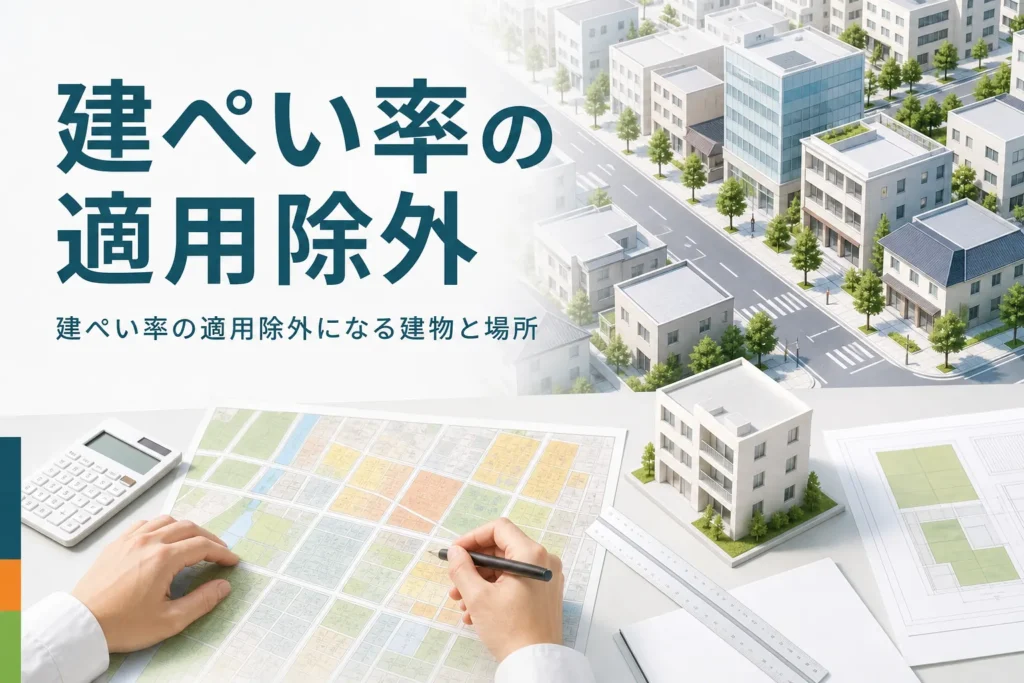 建ぺい率の適用除外を紹介する記事のアイキャッチ。建物が並ぶ街並みと図面、建物の模型