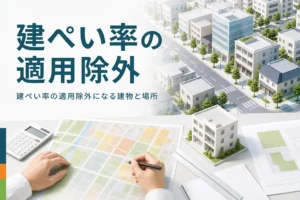 建ぺい率の適用除外を紹介する記事のアイキャッチ。建物が並ぶ街並みと図面、建物の模型