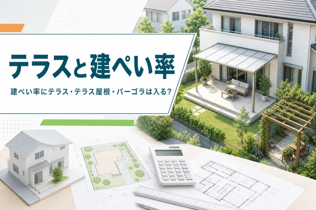 テラスやテラス屋根、パーゴラが建ぺい率に入るかを紹介する記事のアイキャッチ。テラス屋根のある家の庭