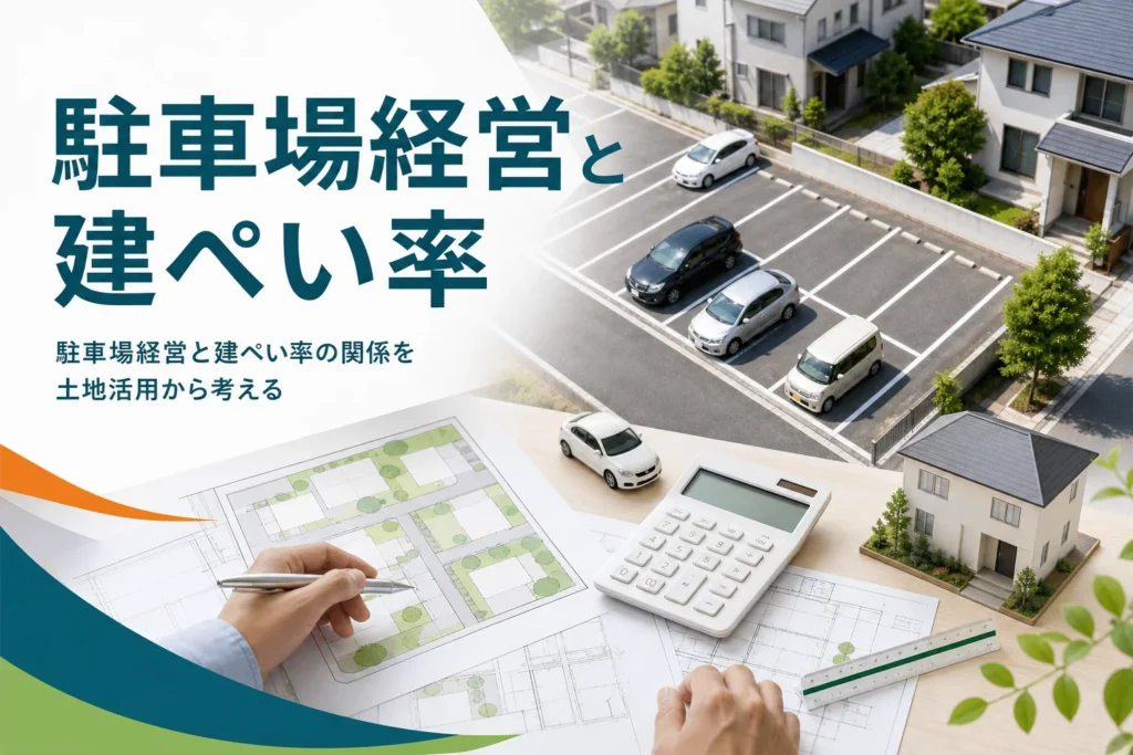 駐車場経営と建ぺい率を紹介する記事のアイキャッチ。住宅街の平面駐車場と敷地図