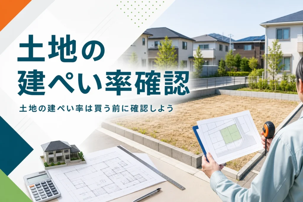 土地の建ぺい率の確認方法を紹介する記事のアイキャッチ。住宅街の空き地と販売図面を持つ手元