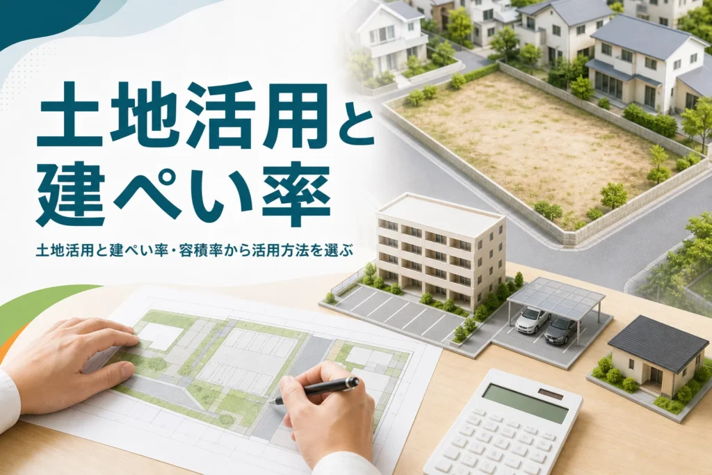 土地活用と建ぺい率を紹介する記事のアイキャッチ。住宅街の更地と敷地図、活用方法ごとの模型