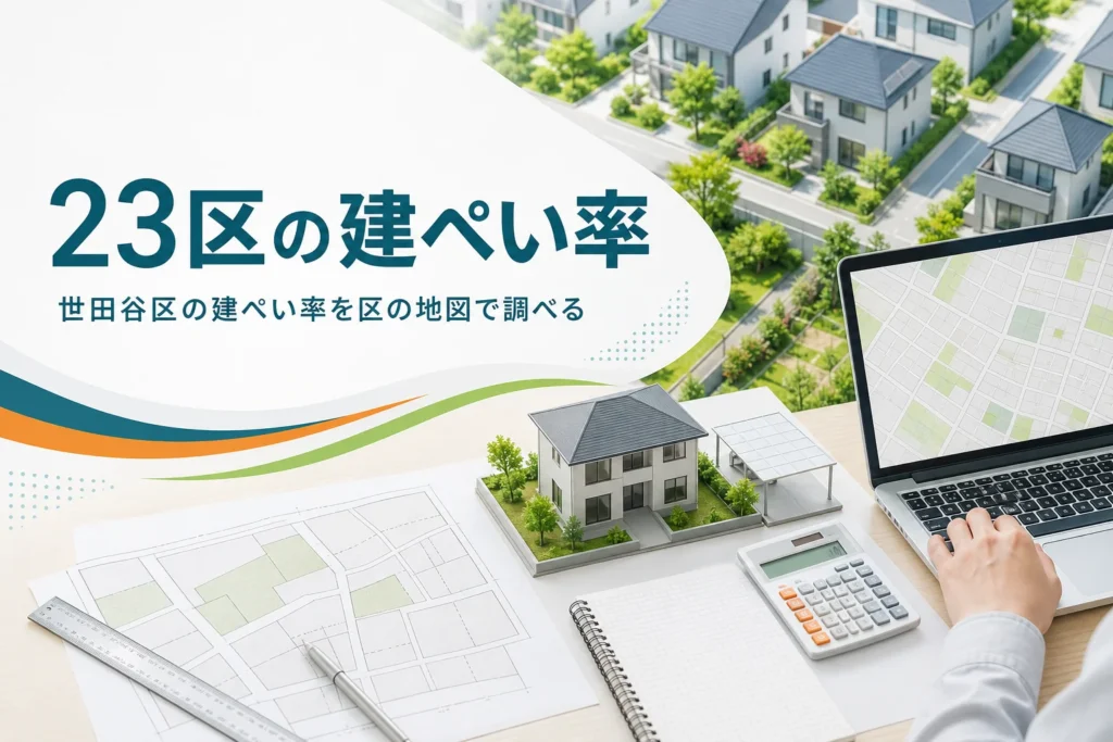 東京23区の建ぺい率の調べ方を紹介する記事のアイキャッチ。住宅街と地図の画面、家の模型