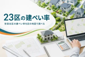 東京23区の建ぺい率の調べ方を紹介する記事のアイキャッチ。住宅街と地図の画面、家の模型