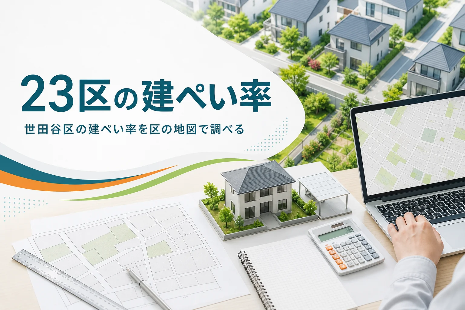 東京23区の建ぺい率の調べ方を紹介する記事のアイキャッチ。住宅街と地図の画面、家の模型