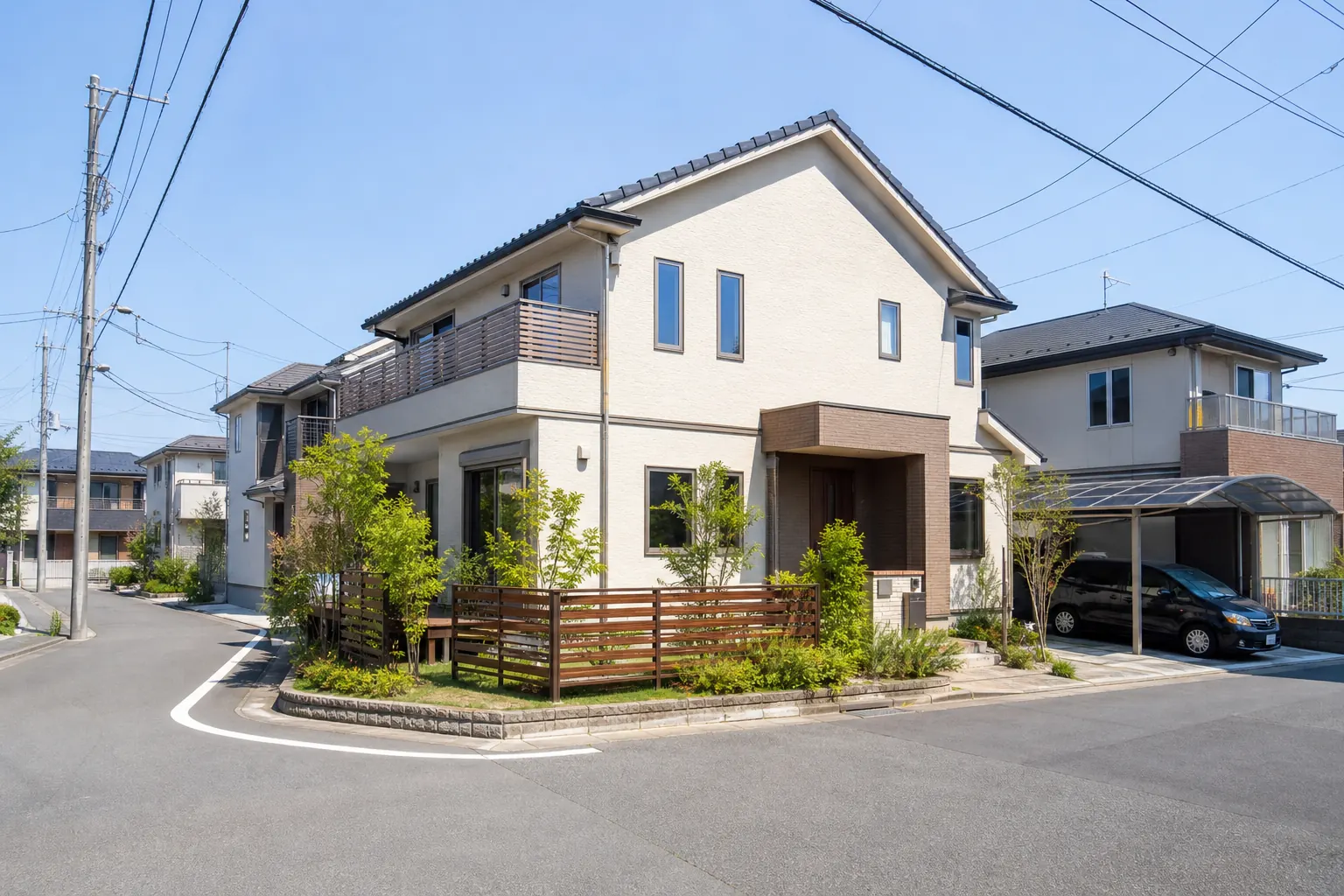 区の細則で角地緩和を確かめる場面のイメージとして、2本の道路が交わる住宅街の角地の家