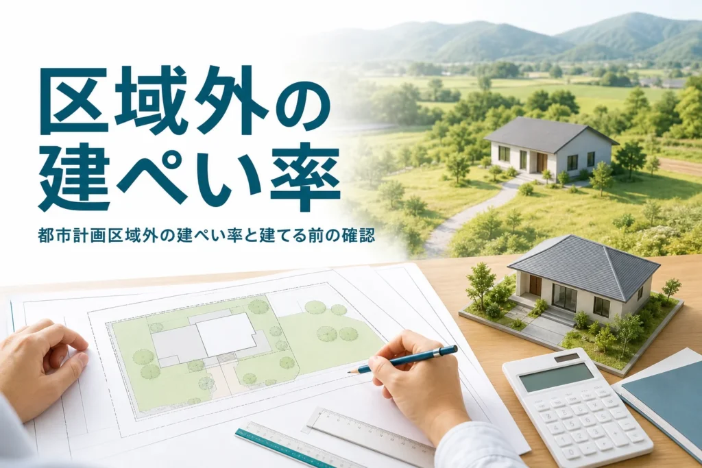 都市計画区域外の建ぺい率を紹介する記事のアイキャッチ。畑に囲まれた広い土地の一軒家と敷地図