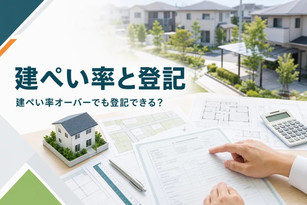 建ぺい率と登記の関係を紹介する記事のアイキャッチ。登記の書類と家の図面