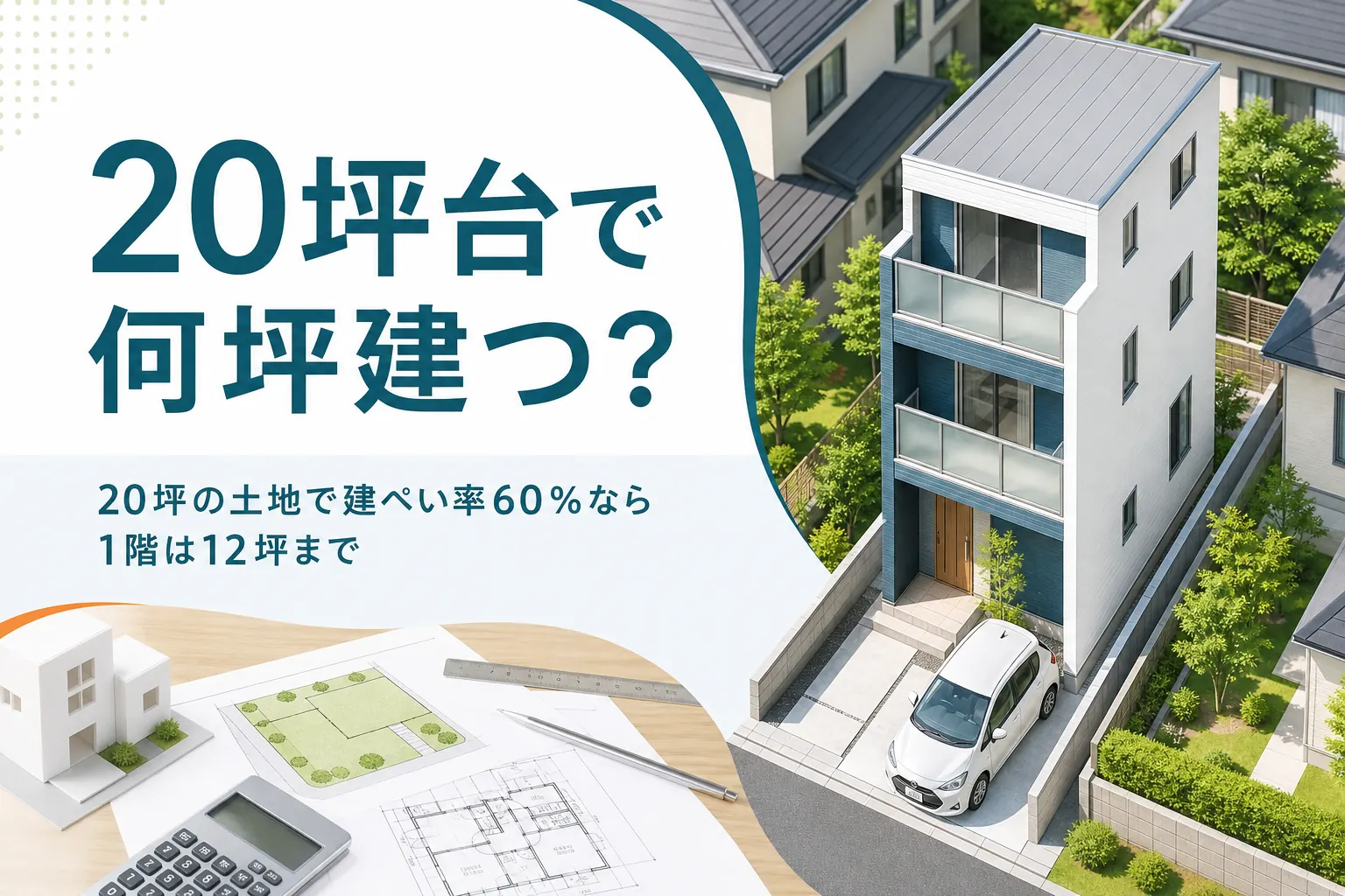 20坪台の土地で建ぺい率60%の家の広さを紹介する記事のアイキャッチ。小さな区画に建つ3階建ての家