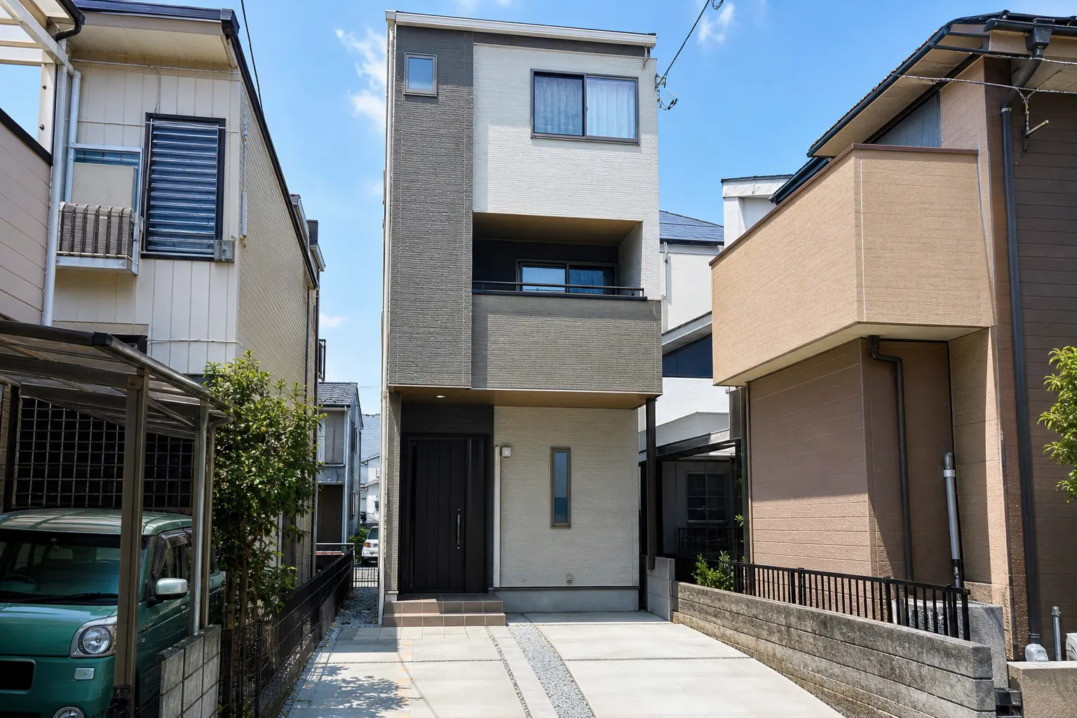 20坪ほどの狭い土地に建つ3階建ての住宅と、玄関前の駐車スペースの写真