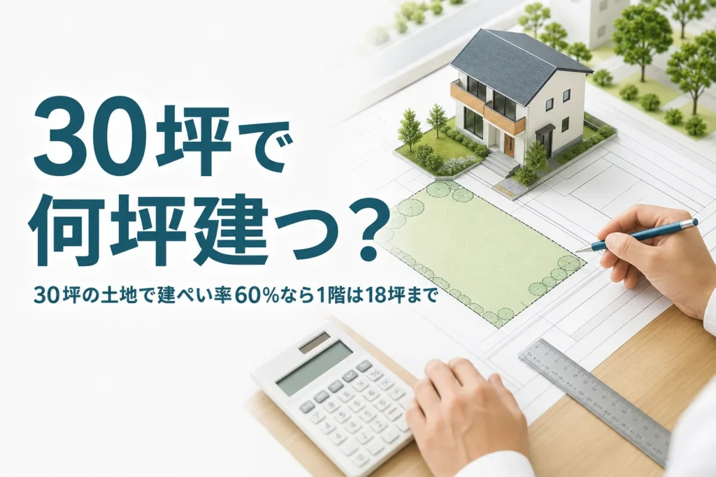 30坪の土地で建ぺい率60％の家の広さを紹介する記事のアイキャッチ。敷地図と家の模型を置いた机