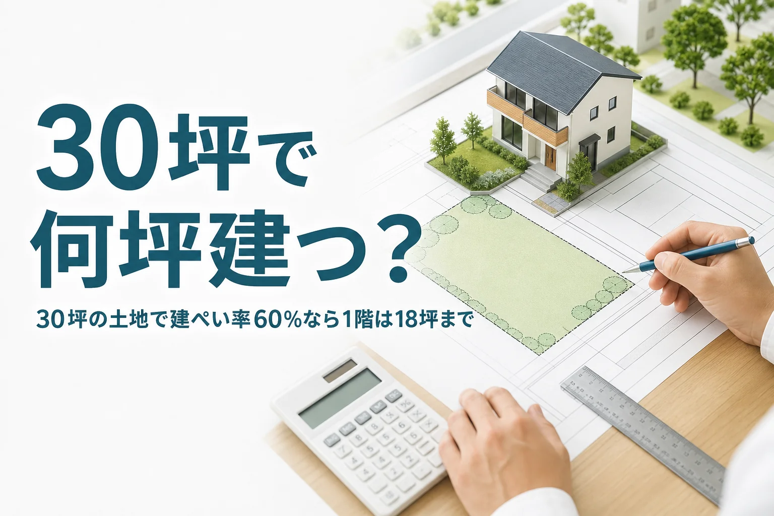 30坪の土地で建ぺい率60％の家の広さを紹介する記事のアイキャッチ。敷地図と家の模型を置いた机