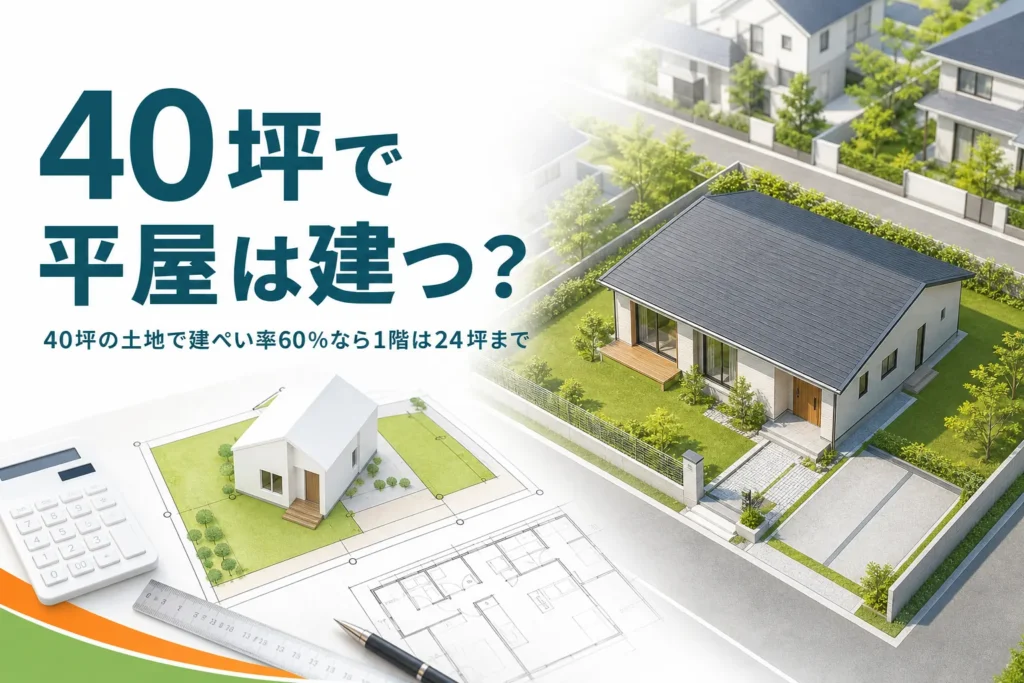 40坪の土地で建ぺい率60％の家の広さを紹介する記事のアイキャッチ。駐車スペースと庭のある平屋