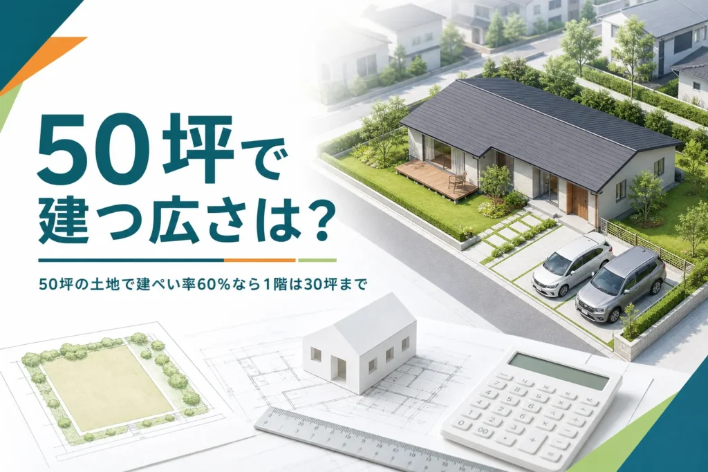 50坪の土地で建ぺい率60％の時に建てられる広さを紹介する記事のアイキャッチ。駐車スペースと庭のある平屋