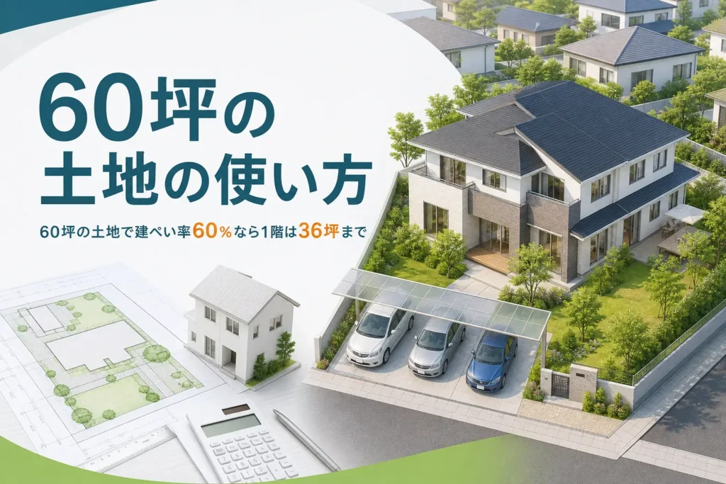 60坪の土地で建ぺい率60％の時の使い方を紹介する記事のアイキャッチ。駐車スペースと庭のある2階建ての家