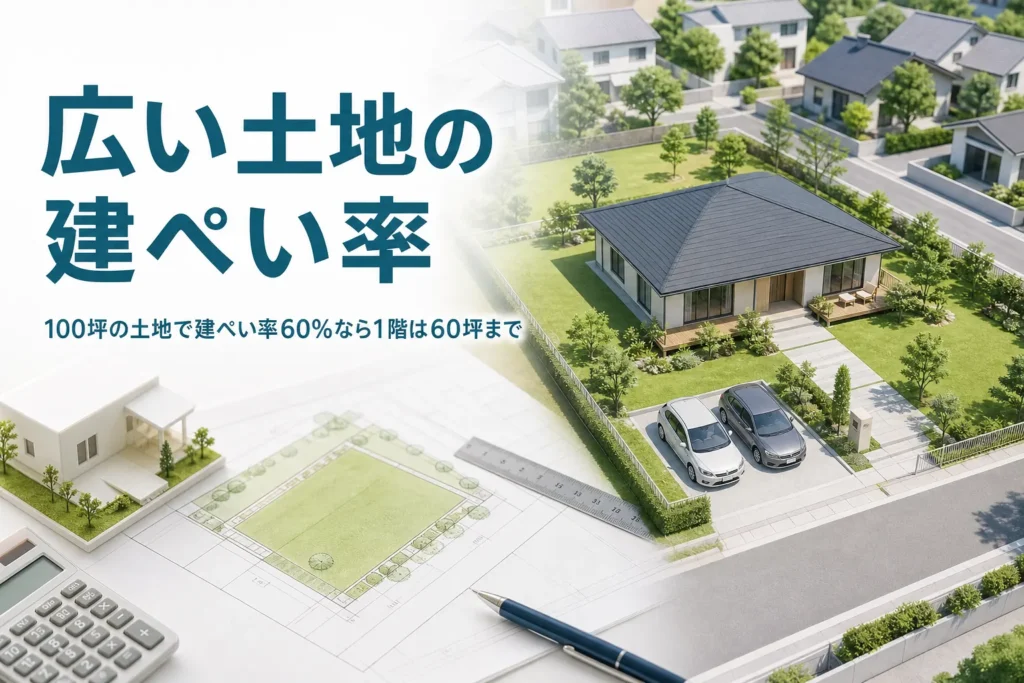 70坪・80坪・100坪の広い土地で建ぺい率60％の時に建てられる面積を紹介する記事のアイキャッチ。広い庭のある平屋