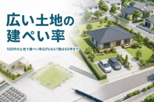 70坪・80坪・100坪の広い土地で建ぺい率60％の時に建てられる面積を紹介する記事のアイキャッチ。広い庭のある平屋