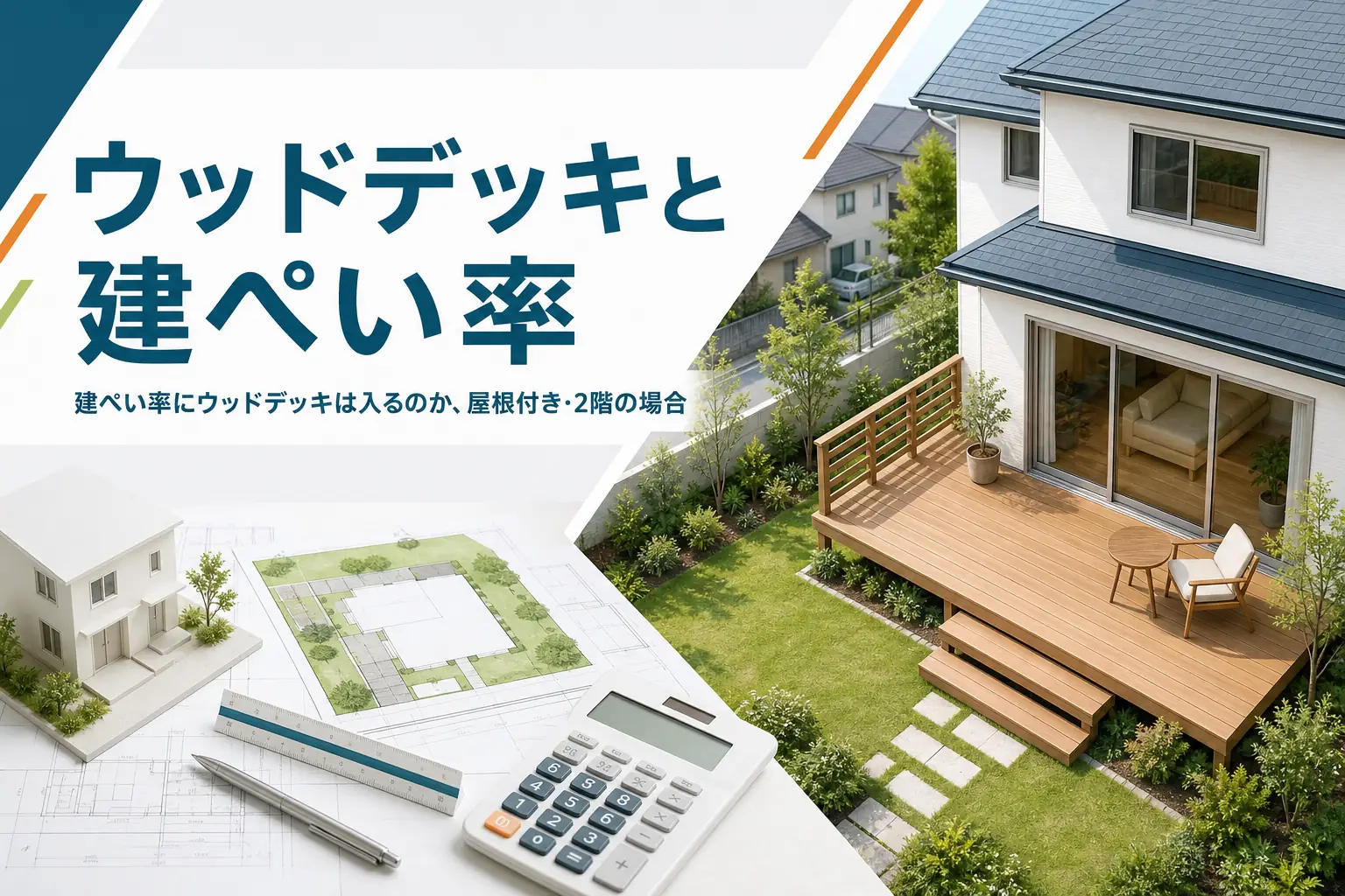 ウッドデッキが建ぺい率に入るかを紹介する記事のアイキャッチ。庭にウッドデッキのある2階建ての家