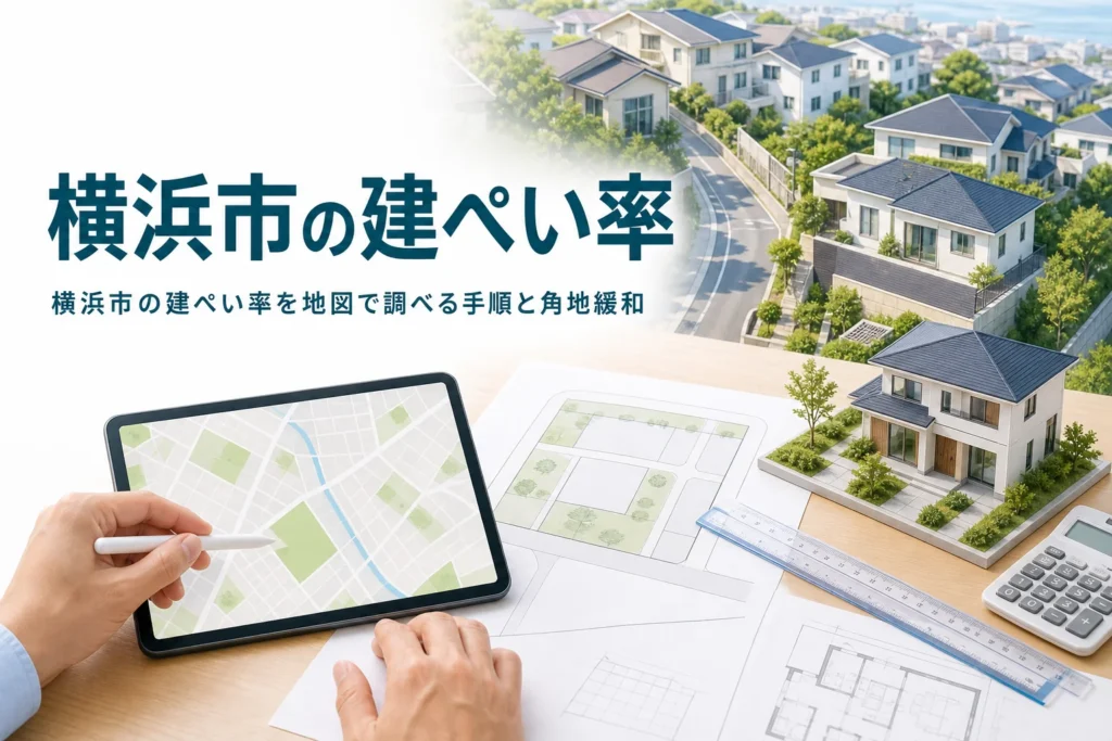 横浜市の建ぺい率の調べ方を紹介する記事のアイキャッチ。住宅街と地図の画面、家の模型