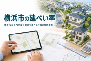 横浜市の建ぺい率の調べ方を紹介する記事のアイキャッチ。住宅街と地図の画面、家の模型