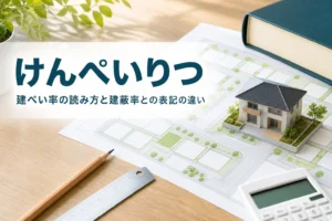建ぺい率の読み方を紹介する記事のアイキャッチ。図面と辞典、家の模型が置かれた机