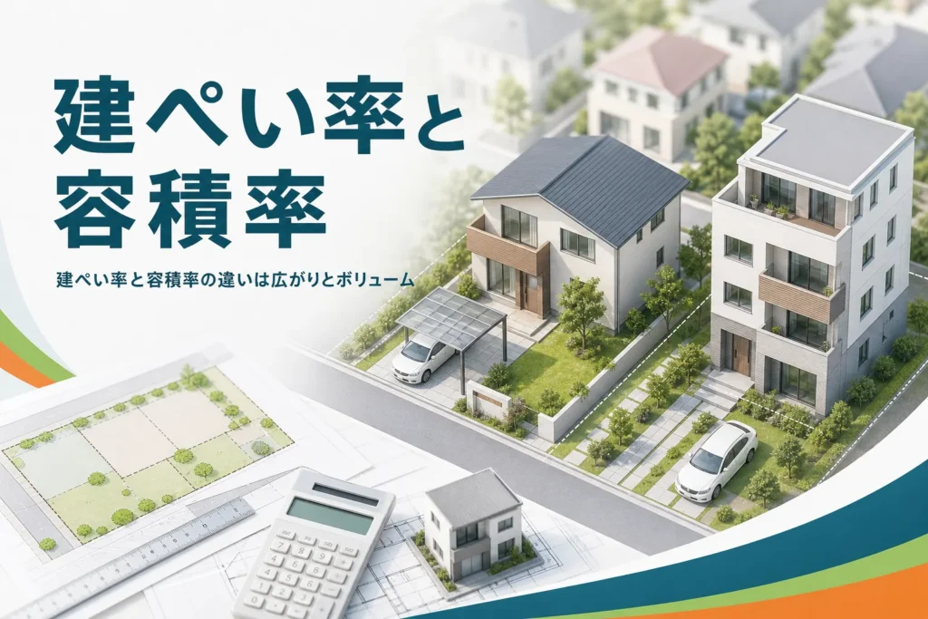 建ぺい率と容積率の違いを紹介する記事のアイキャッチ。住宅街に建つ2階建てと3階建ての家