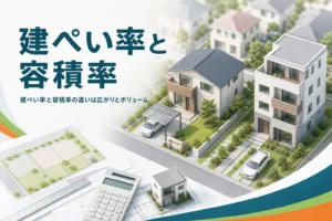 建ぺい率と容積率の違いを紹介する記事のアイキャッチ。住宅街に建つ2階建てと3階建ての家