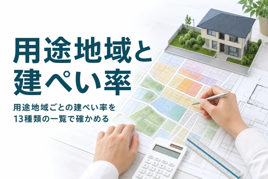 用途地域ごとの建ぺい率の一覧を紹介する記事のアイキャッチ。色分けされた地図と家の模型