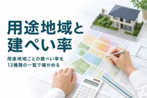 用途地域ごとの建ぺい率の一覧を紹介する記事のアイキャッチ。色分けされた地図と家の模型