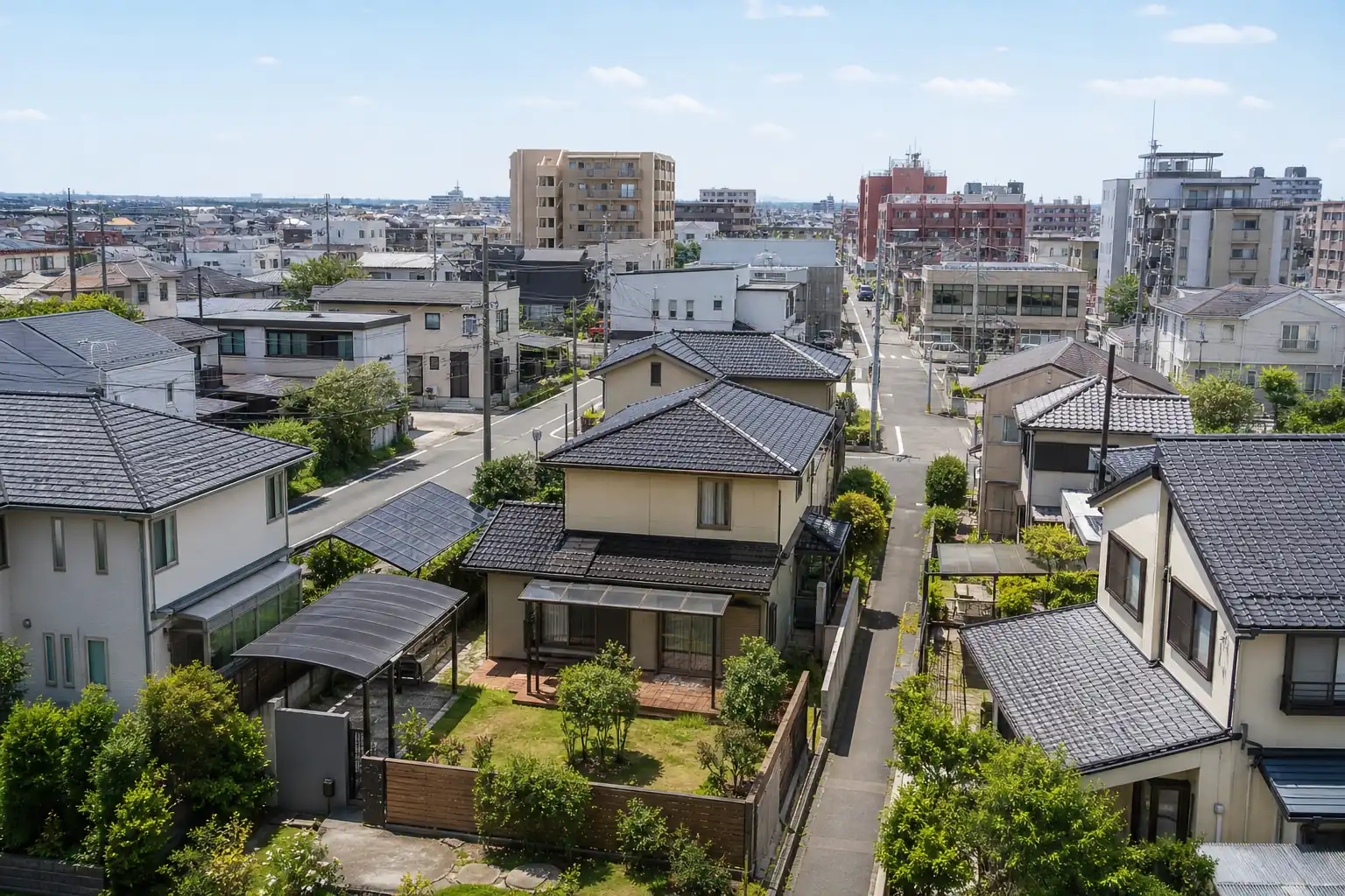 低い家が並ぶ住宅地と、奥に店や中層の建物が並ぶ地域がある街並みの写真