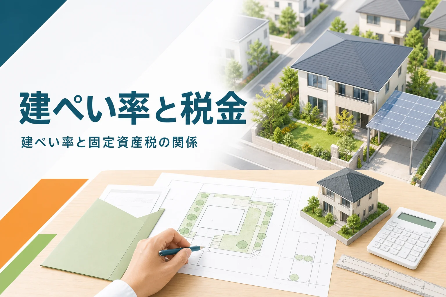 建ぺい率と固定資産税の関係を紹介する記事のアイキャッチ。カーポートのある一戸建てと書類、電卓