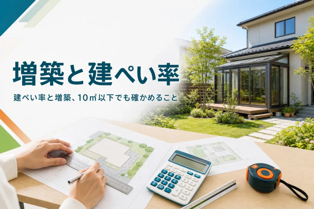 建ぺい率と増築を紹介する記事のアイキャッチ。サンルームの付いた家と敷地図・定規